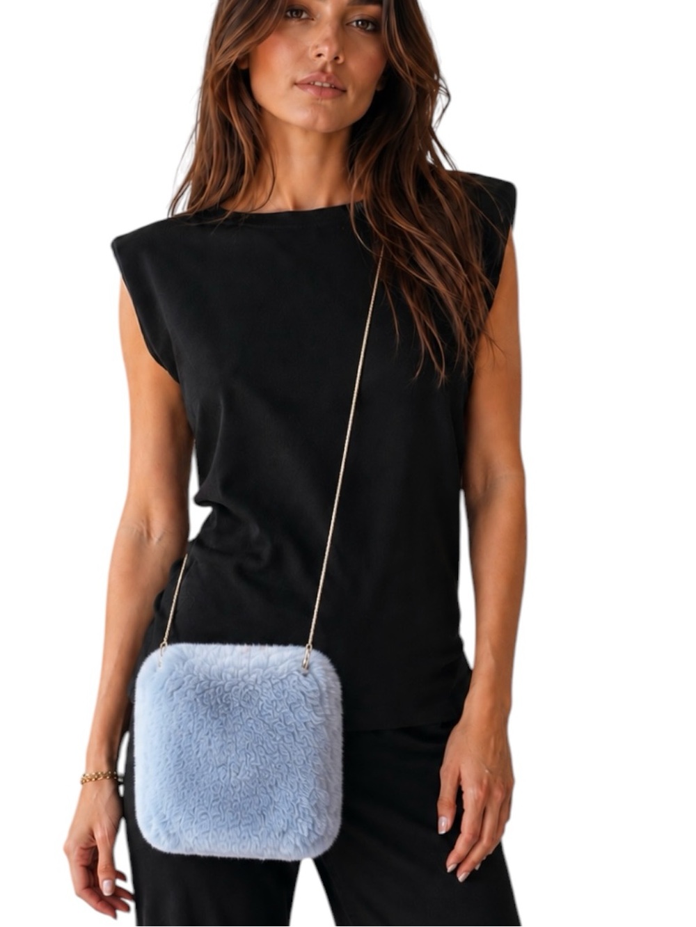 Gray Plush Faux Fur Crossbody Bag with Gold Tone Snake Chain Strap